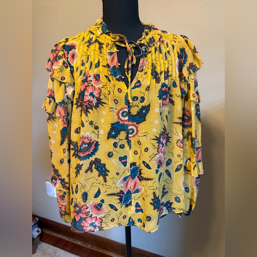Ulla Johnson Silk Floral Ikat Blouse Size 0 Yellow Ruffle Tie Neck Boho Top